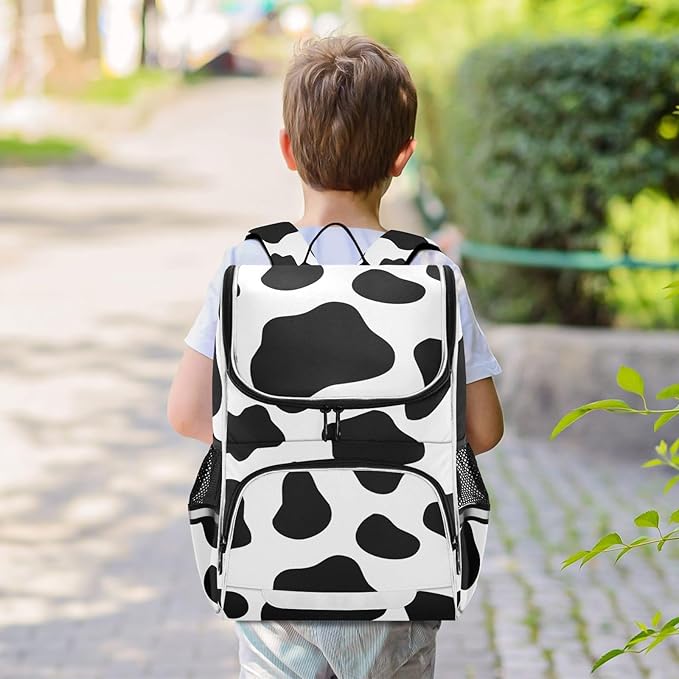 Cow Print Backpack with Reflective Strip for Kids Boys Girls Elementary School Bag Removable Chest Strap