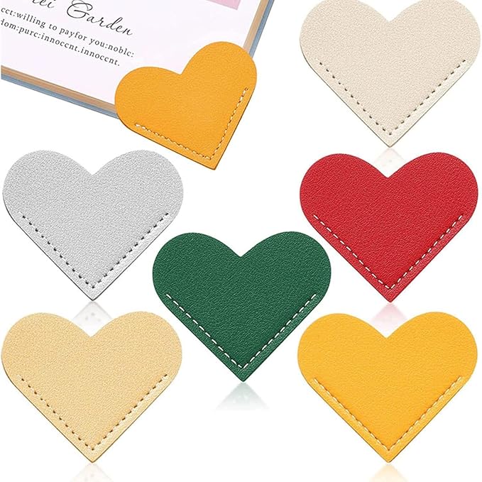 6Pcs Colorful Leather Bookmarks with Heart Shape, Portable Leather Book Page Corner Marker Heart-Shaped Page Clip 2''x2.2'' Gift, Reading Bookmarks Art Gifts, Book Covers and Book Accessories (Heart)