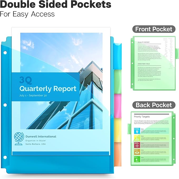 Dunwell 5-Tab Dividers with Pockets for 3-Ring Binder (3 Sets, 15 Count), Plastic Binder Dividers with Tabs and 2 Pockets, Binder Pocket 3 Hole Punched for 8.5x11 Paper, Includes Label Inserts