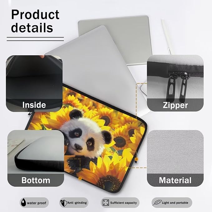 Sunflower Panda Printed Laptop Briefcase for Women Men, Waterproof Laptop Case Bag Laptop Case for 17 Inch, Lightweight Computer Carrying Cover with Zipper for Office Business Traveling