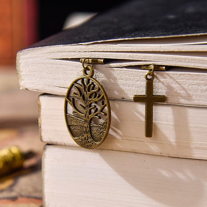 Bookmarks, Handmade Retro Cross Tree of Life Bible Bookmark with Long Leather Straps, Christian Saint Book Mark, Ideal Christian Gift (Style 16)