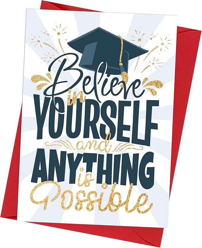Graduation Card with Envelope - Thankful & Motivation Gold Glitter Card - Folded 5"x7" Single Card For Grad, High School, College, Nursing, Middle school, Kindergarten Gift Card