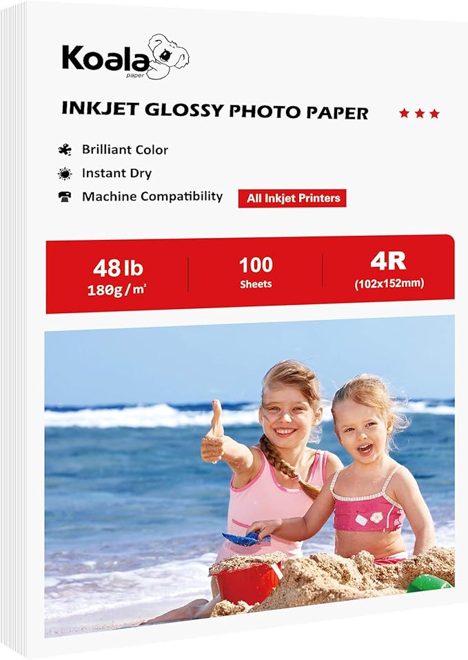 Koala Glossy Inkjet Photo Paper 4X6 Inches 48lb 100 Sheets Professional Glossy Photographic Paper Compatible with Inkjet Printer Use DYE INK 180GSM