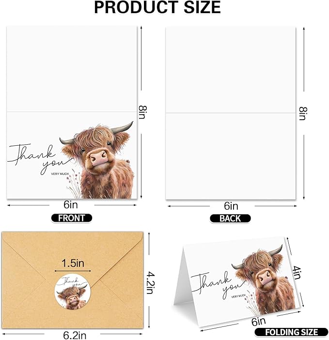 25Pcs Highland Cow Thank You Cards with Envelopes, 4x6 In Farm Cute Watercolor Design Highland Cow Greeting Cards Sympathy Cards Bulk for Wedding, Baby & Bridal Shower - with Sticker