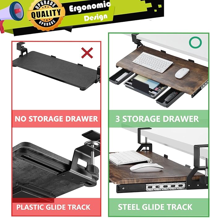 ETHU Keyboard Tray Under Desk, Pull Out Keyboard & Mouse Tray with C-clamp, Ergonomic Desk Keyboard Tray Slide Out, Pull Out Platform Drawer for Home and Office(Wood)