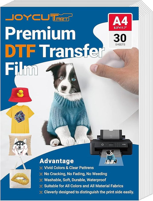 JOYCUT DTF Transfer Film - A4（8.3"×11.7"）30 Sheets Double-Sided Matte Finish, DTF Film for Sublimation and DTF Inkjet Printer, Direct to Film Transfer Paper for T-Shirts Textile