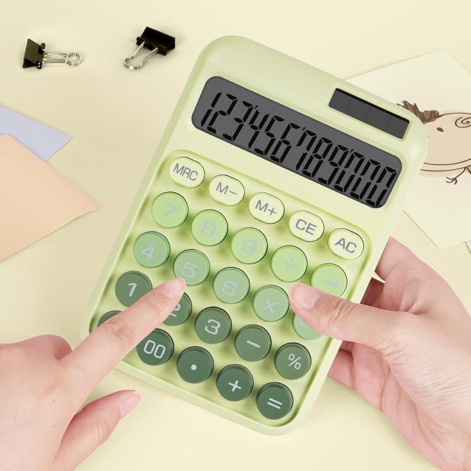Mechanical Switch Calculator with Big Buttons, Calculators Desktop, 12 Digits, Solar Battery Power, Desk Calculator, Large LCD Display, Cute Green Calculator for Teachers Students Basic Office