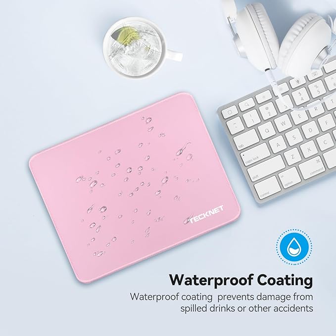 TECKNET Mouse Pad with Anti-fray Stitchin, Waterproof Surface & Non-Slip Rubber Base with Stitched Edges Gaming Mouse Mat for Laptop，Compatible with Laser and Optical Mice - Pink