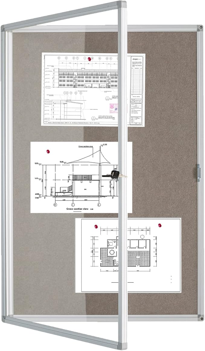 BIBOC Enclosed Felt Bulletin Board 36x24 inch Lockable Cork Noticeboard Display Cases Tamperproof Notice Poster Memo Board with Class 1 Aluminum Frame (Felt, 24×36 inches)