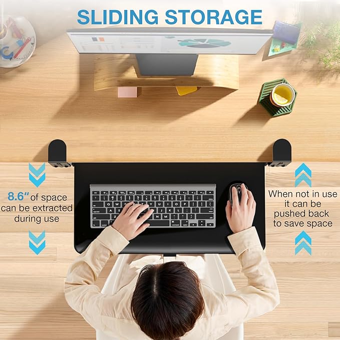 YOMT Adjustable Keyboard Tray Under Desk - 25.5“x13.7” Slide Out Computer Keyboard Drawer, 5kg Capacity with Smooth Glide Handle Out Computer Drawer for Typing, Black