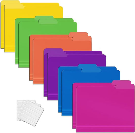 Better Office Products Heavyweight Poly File Folders, 1/3 Cut Tabs, 12 Pack, Assorted Colors, Letter Size, with Adhesive Labels,