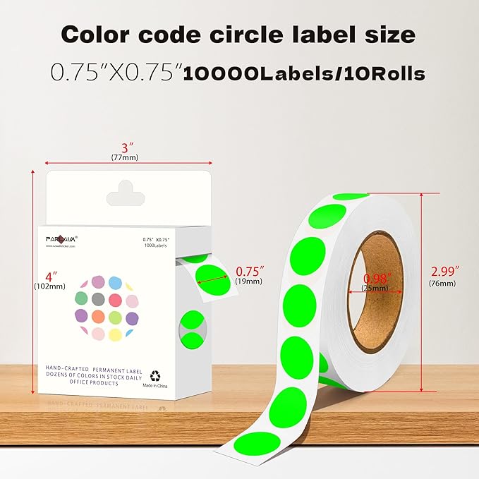 PARLAIM 10 Rolls 3/4" Dot Stickers, 10000 Pack Round Color-Code Circle Labels, Fluorescent Green Sticker for Color Coding