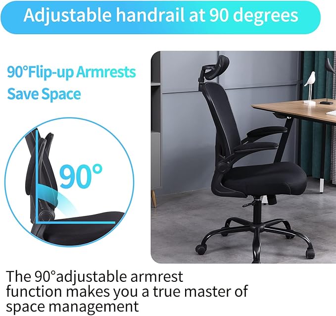 Flysky Ergonomic Office Desk Chair Breathable Mesh Swivel Computer Chair, Lumbar Back Support Task Chair, Office Chairs with Wheels and Flip-up Arms,Executive Rolling Chair (B-Black 5001H)