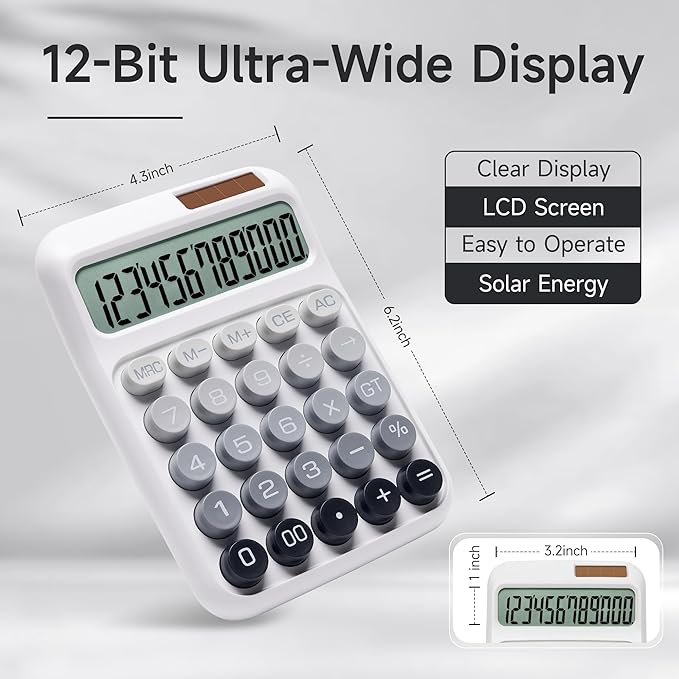 Desk Calculator,12 Digits, Large LCD Display,Big Buttons,Solar and Battery Dual Power Desktop Calculators,Cute and Aesthetic,Suitable for Office and Study (Ombre Gray, M)