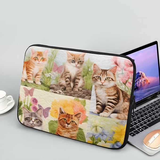 Cat Floral Printed Computer Case Bag for Girls Boys, Washable 17 Inch Laptop Bag Carrying Case Cute Laptop Briefcase Neoprene with Zipper, Compatible with Various Computers