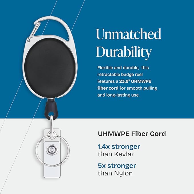 Will Well ID Badge Holders with Clip and Keyring - Horizontal Clear Plastic 3.7" x 2.5" Sleeves Fit Up to 3 Cards - Easy-Access Retractable 24" UHMWPE Fiber Pull Cords - 5-Pack, Black Reels