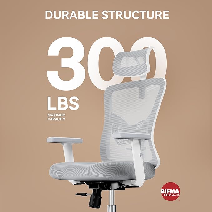 NOBLEWELL Ergonomic Office Chair, Desk Chair with 2'' Adjustable Lumbar Support, Headrest, 2D Armrest, Office Chair Backrest 135° Freely Locking and Rocking, Computer Chair for Home Office