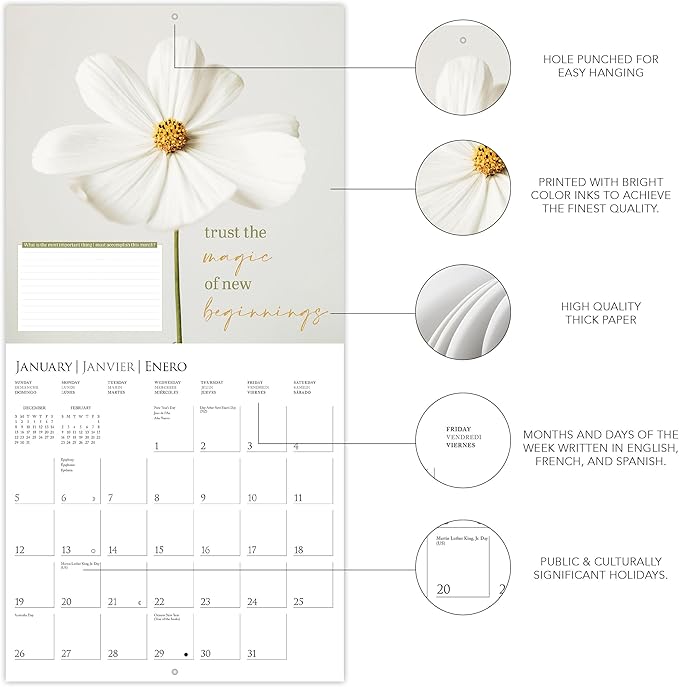 Graphique 2025 A Fresh Start Post Wall Calendar | 12” x 12” | Thick Paper | Home & Office Organizer | Large Monthly Grid | 3 Languages & Marked Holidays | 4 Month Preview Page for 2026