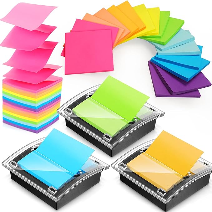 Meanplan 3 Pack Pop up Sticky Dispenser Post Note Holder Black Base with 24 Pads Colored Pop up Sticky Notes Memo Pads Blank Self Stick 3x3 Refills Back to School Office Supplies, 50 Sheet Per Pad