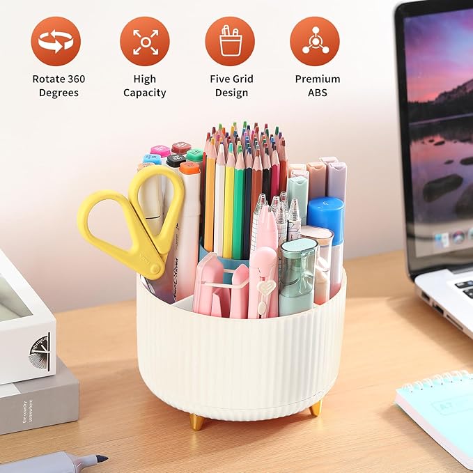 Desk Pen Holder, 5 Slot 360 Rotating Pen Organizer for Desk, Desktop Storage Stationery Supplies Organizer, Cute Pencil Cup Pot for Office, School, Home, Art Supply, Beige