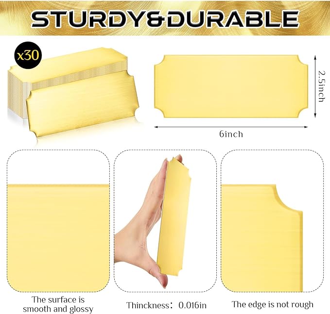 Therwen 30 Pcs Name Plates Laser Engraved Brushed Stainless Steel Plate Personalized Plaque Blank Custom Name Tag Frame Label with Adhesive Backing(Gold Notched Corner,6''x 2.5'')