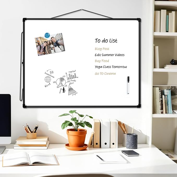 MaxGear White Board for Wall 24" x 18", Double Sided Dry Erase Board, Magnetic White Board Hanging Whiteboard for Home, School, Office, Black Frame