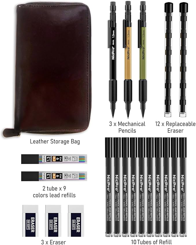 Nicpro 21PCS 1.3 mm Mechanical Pencil Set in Leather Bag with 138 Lead Refill Black & Colors, Erasers- Weatherproof Metal Heavy Duty Carpenter Pencil for Outdoor Drafting Marking Drawing Woodworking