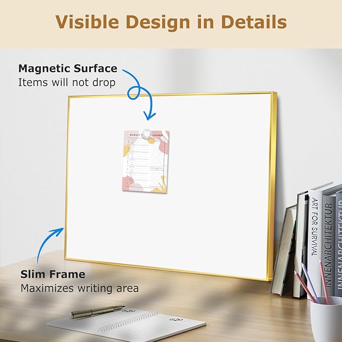 Magnetic Whiteboard, 24"x18" Gold Aluminum Frame Dry Erase White Board for Wall, Hanging Wipe Board with 6 Magnets, 4 Markers & 1 Eraser for Home and Office