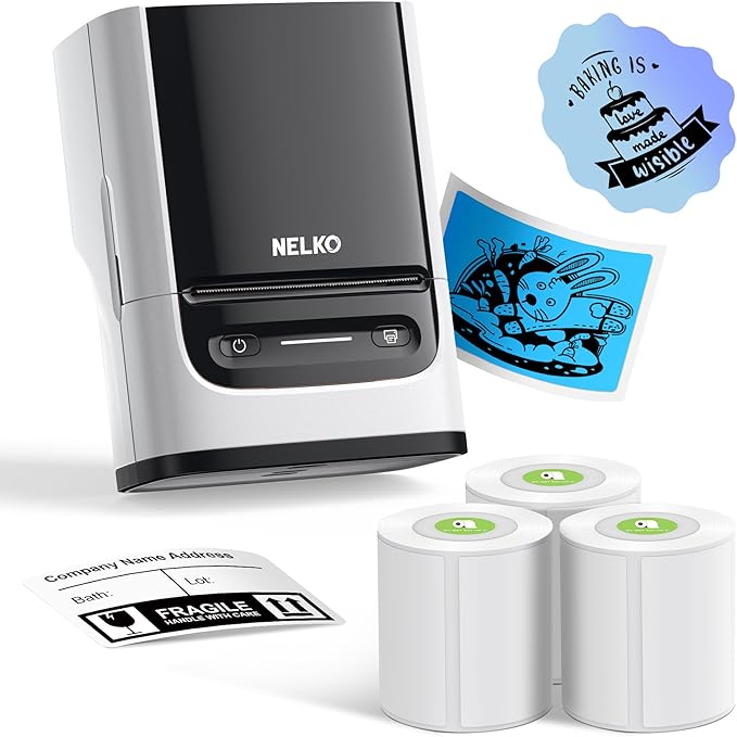Nelko Label Maker Machine with Tape, PM220 Bluetooth Label Printer, 2 Inch Portable Thermal Printer for Small Business, Logo, Clothing, Sticker Printer for Phones & PC, with 3 Labels, White