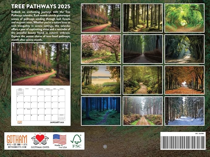 Tree Pathways Nature Calendar 2025 Scenic Trees Monthly Wall Calender 12 Month | American Made In The USA