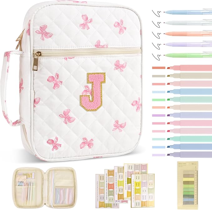 Personalized Initial Bible Cover Case for Women Girls Kid - Large Quilted Bible Case with Handle, Stylish Chenille Letter Bag Study Supplies, Perfect Christmas Gifts for Christians Women (Pink Bow-J)