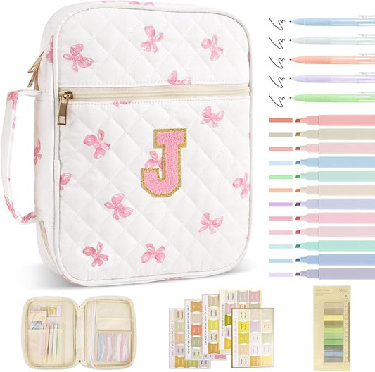 Personalized Initial Bible Cover Case for Women Girls Kid - Large Quilted Bible Case with Handle, Stylish Chenille Letter Bag Study Supplies, Perfect Christmas Gifts for Christians Women (Pink Bow-J)