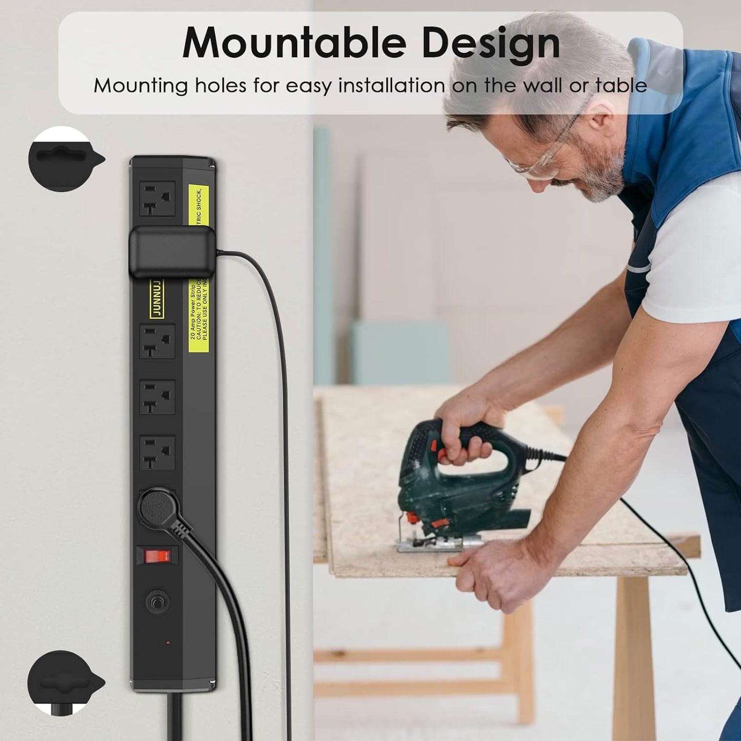 JUNNUJ Heavy Duty 20 Amp Power Strip 4800J, High Amp Surge Protector 6 Outlet, 20A Power Strips Workshop Industrial Outlets Wide Spaced 6-20R T-Slot with Circuit Breaker, 12 Gauge Extension Cord 6ft