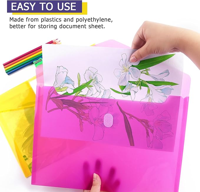Tamaki 6 Pack Plastic Envelopes Poly Envelope Folder Clear Document Plastic File Folders Organization with Hook & Loop Closure, Letter Size/A4 Size, Envelope Folders for School Office