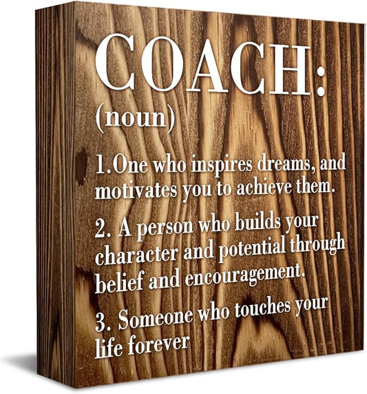 Inspirational Coach Noun Coach Gifts Desk Decor Wooden Box Sign Rustic Wood Block Plaque Box Sign for Coach Mentor Trainer Tutor Home Office Desk Shelf Table Decoration Coach Definition Roasted Color