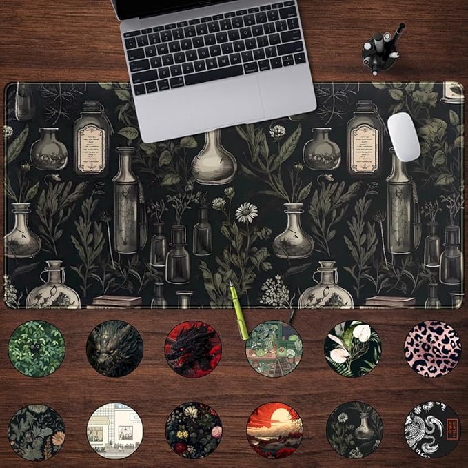 Black Aesthetic Desk Mat Black Vintage Desk Pad Large Gaming Flower Mouse Pad XXL Plant Wildflower Mousepad Extended Laptop Computer Mouse Keyboard Mat for Women Girl Office Desk Decor 31.5x15.8 in