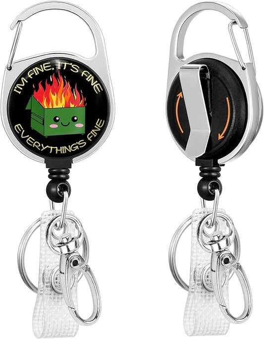 Funny Dumpster on Fire Badge Reel Retractable Heavy Duty with 360°Swivel Carabiner Clip,Cute ID Badge Holder Retractable, Nurse Teacher ID Card Holder Retractable Keychain Name Badge Clip
