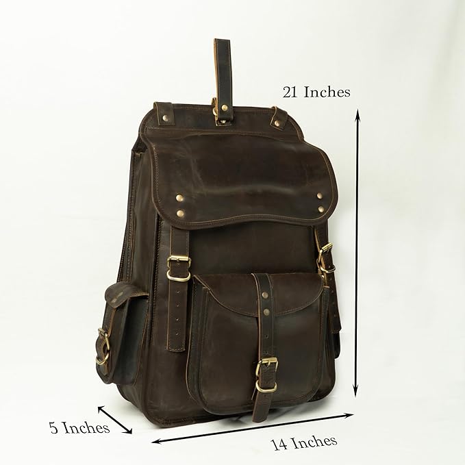 Satchel And Fable Vintage Full Grain 21 Inch Leather Laptop Large Backpack Casual Bookbag Daypack Camping Travel Rucksack Knapsack