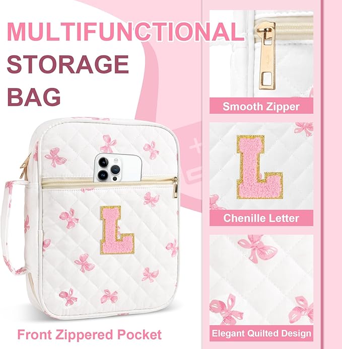 Personalized Initial Bible Cover Case for Women Girls Kid - Large Quilted Bible Case with Handle, Stylish Chenille Letter Bag Study Supplies, Perfect Christmas Gifts for Christians Women (Pink Bow-L)