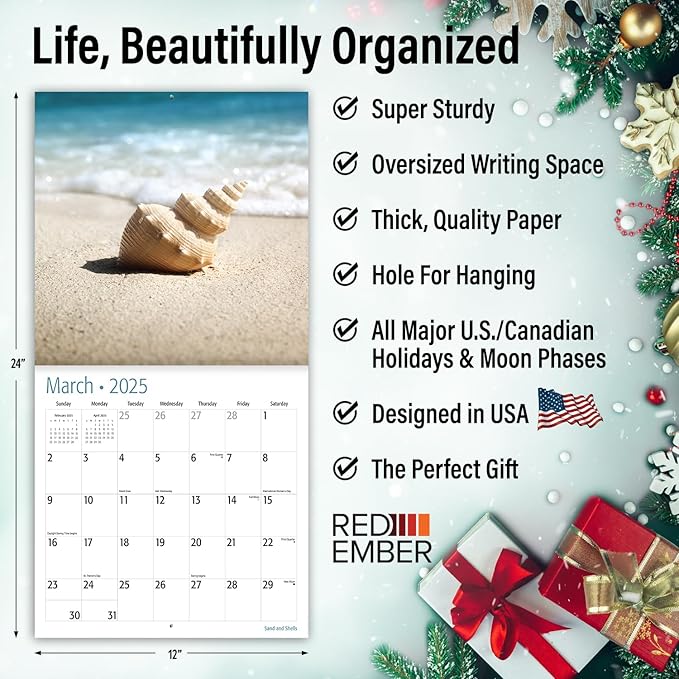 RED EMBER Sand and Shells 2025 Wall Calendar 12 Month | 12" x 24" Open | Thick & Sturdy Paper | Giftable | Calendar 2025