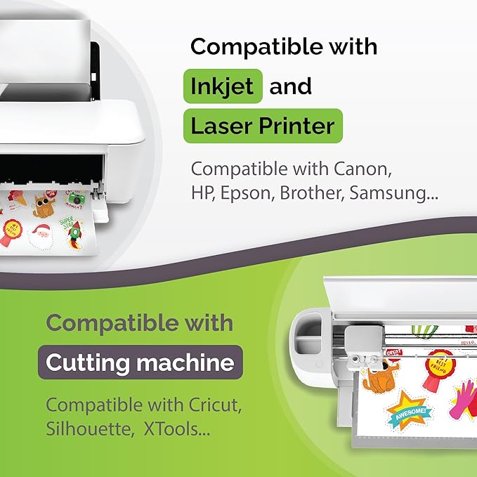 Premium Printable Vinyl Sticker Paper for Inkjet & Laser Printer - 34 Sheets Self-Adhesive Sheets Matte White Waterproof, Dries Quickly Vivid Colors, Holds Ink well- Tear Resistant