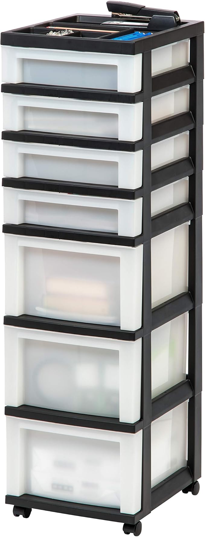 IRIS USA Plastic Drawer Storage Organizer Rolling Cart, with Wheels Casters, 7-Drawers, for Classroom Art Craft Supplies Dresser Closet Bathroom Bedroom, Top Organizer for Small Parts, Black/Pearl