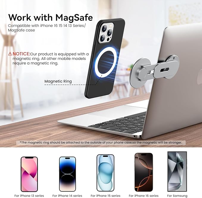 Magnetic Phone Holder for Laptop for MagSafe for iPhone 16/15/14/13/12 & All Phones, 180°Adjustable Phone Side Mount for Computer Monitor for Tesla, Desktop Cell Phone Bracket, Gray