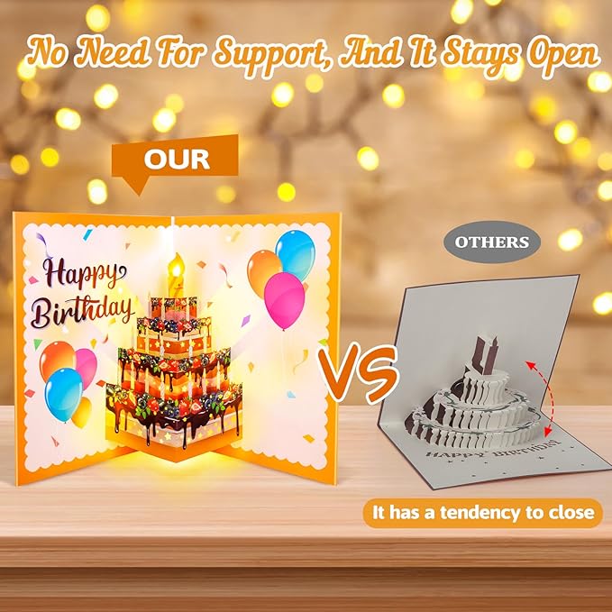 Birthday Cards, Musical Pop Up Birthday Cards with Light, Blow Out LED Light Candle and Play Happy Birthday Music Pop Up Card, 90 Degree Vertical Cake Greeting Card, Birthday Gifts for Women