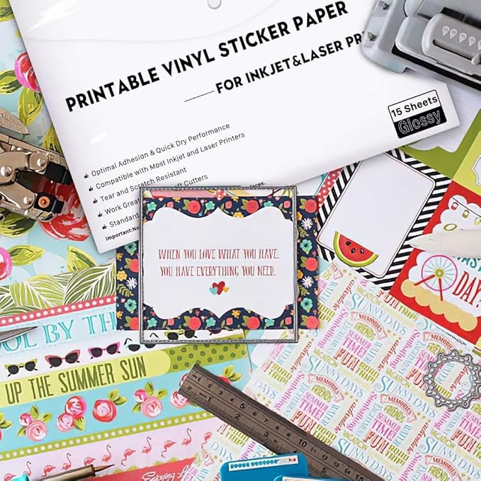 JANDJPACKAGING Printable Vinyl Sticker Paper - Waterproof Printable Vinyl for Laser & Inkjet Printer 15 Self-Adhesive Sheets - Glossy White - Standard Letter Size 8.5"x11"