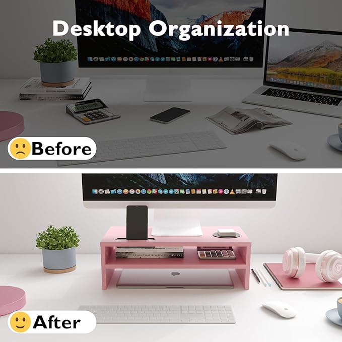 BONTEC Monitor Stand Riser, 2 Tiers Wood Monitor Riser Stand with Storage Organizer, Desktop Ergonomic Monitor Stand Riser with Cellphone Holder and Cable Management, 16.7 Inch Shelf, Pink