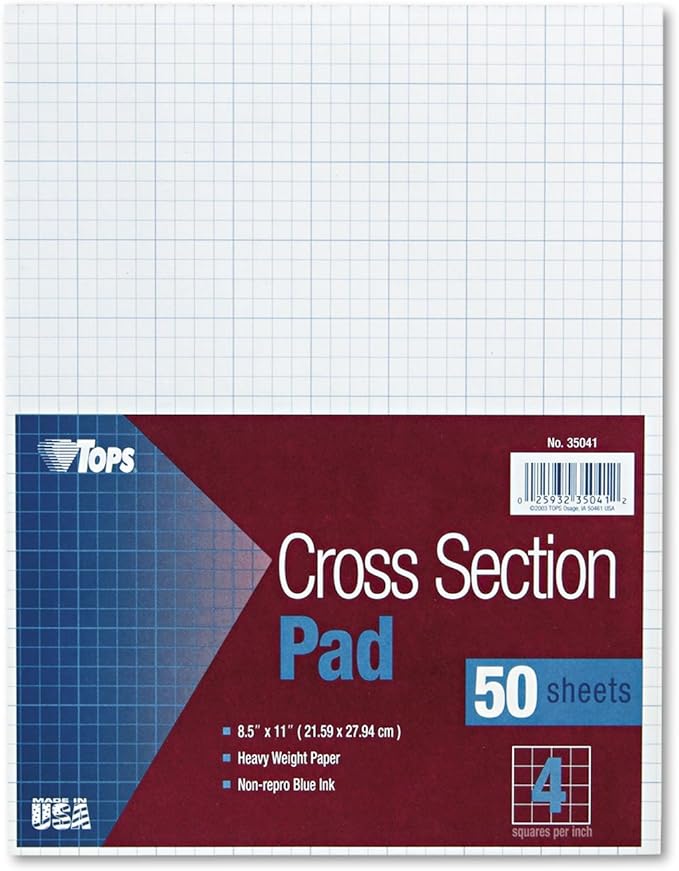 TOPS Cross Section Pad, 1 Pad, 4 Squares/Inch, Quadrille Rule, Letter Size, White, 50 Sheets/Pad, 1 Pad (35041)
