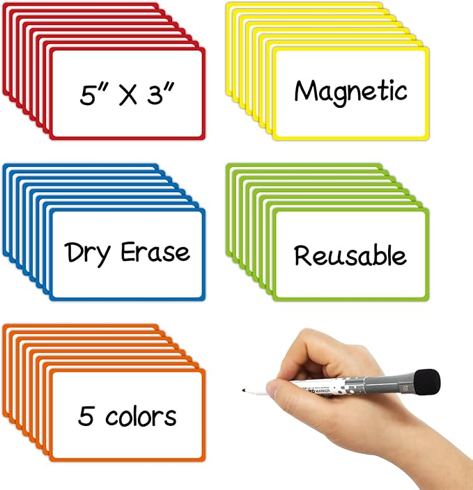 Dry Erase Magnetic Label 5x3 Inch Colored Border, 40 Pack, Reusable Magnetic Dry Erase Labels, Magnet Labels for Whiteboards
