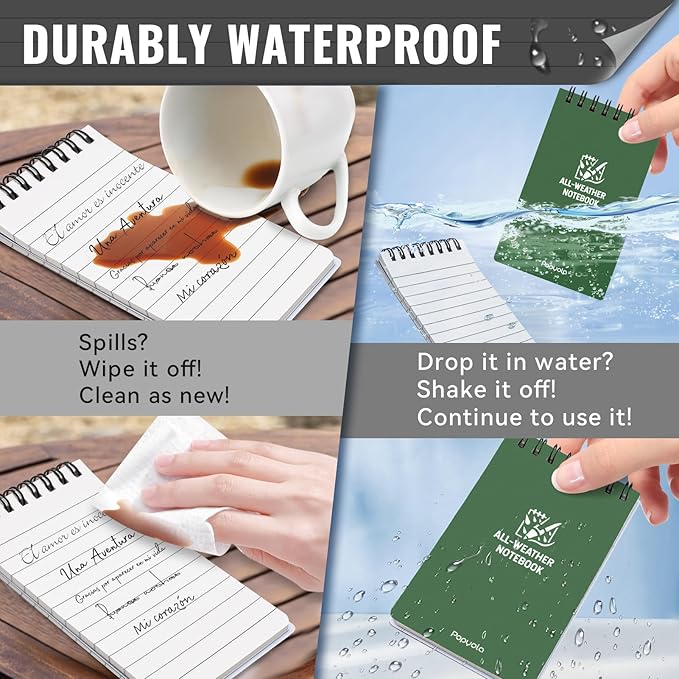 POPYOLA 4 Pack Waterproof Pocket Notebook, 3 x 5 Pocket Notepad, All Weather Small Mini Spiral Notepad with 100 Lined Pages for Outdoor Office School