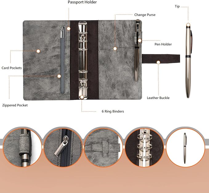 Wonderpool Leather Journal Refillable Binder A5 Writing Notebook Folder Organiser with Dotted Paper & Multi Pockets Cover for Business School Travel (A6, Black)